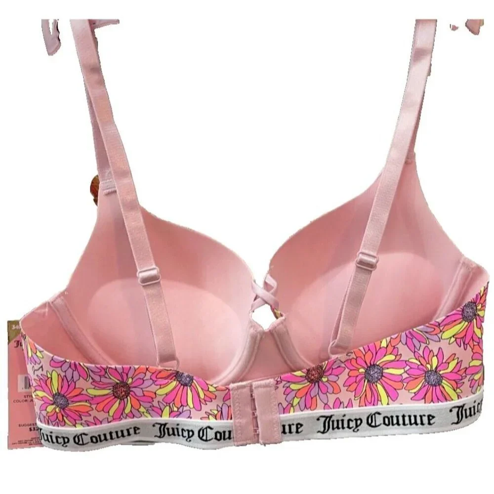 Juicy Couture 36C Pink Floral Print Logo Sculpted Underwire Padded Push-Up Bra